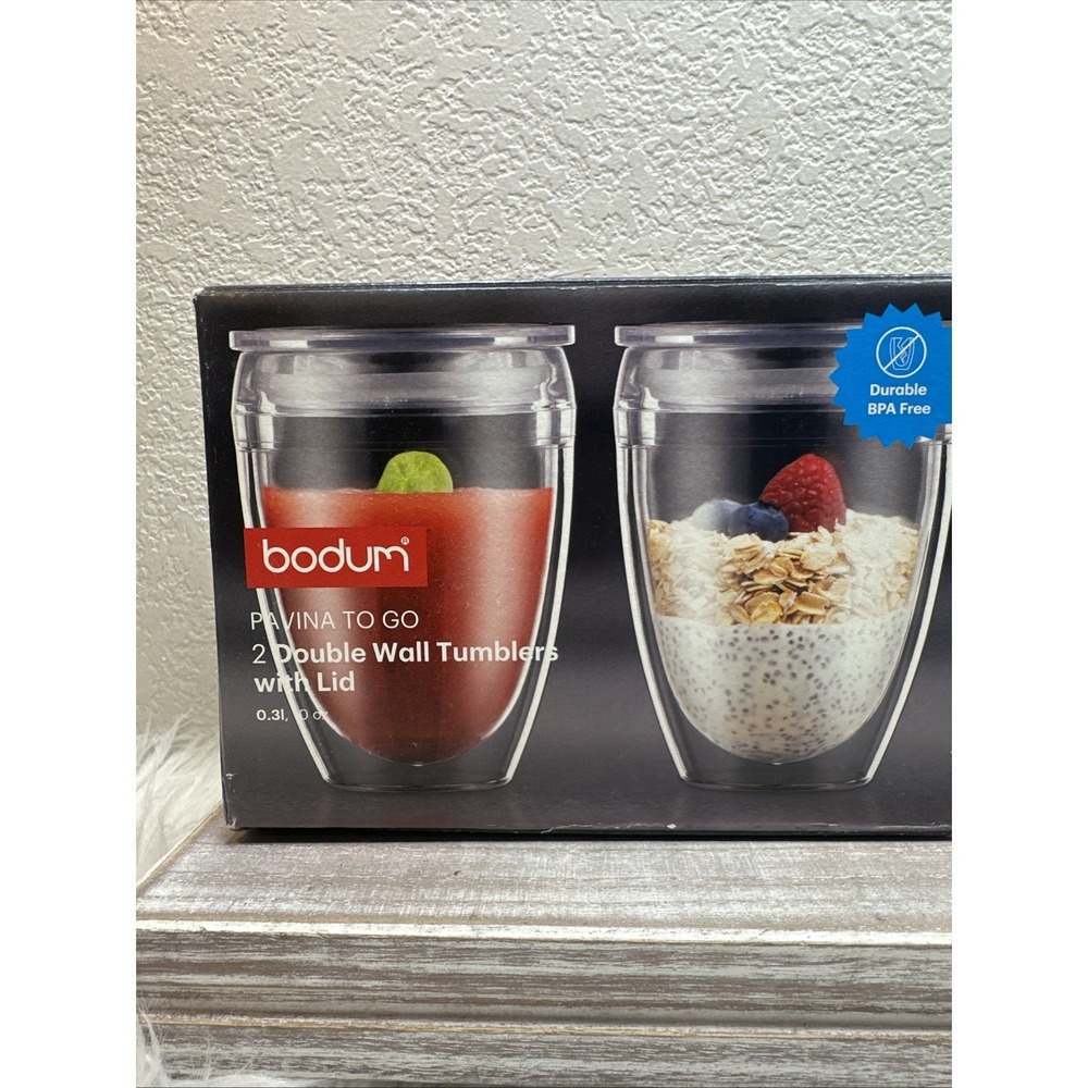 $28 🌙 Bodum Pavina To Go Tumblers with Lids Set of 2 Double Wall 10 oz NEW